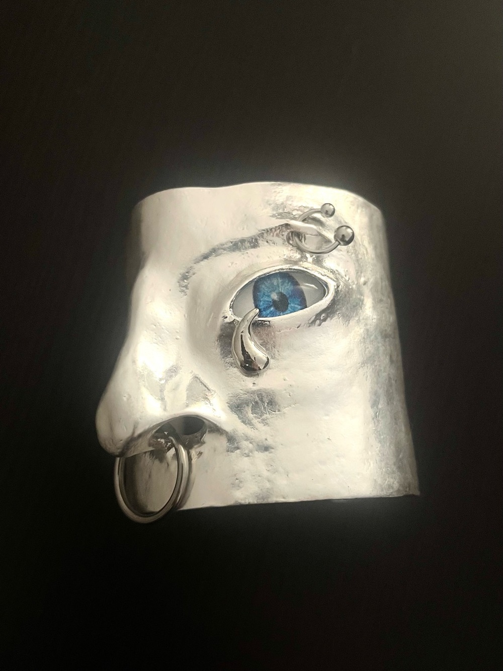 Avant Garde Silver Statement Pierced Face Sculptural Cuff Bracelet